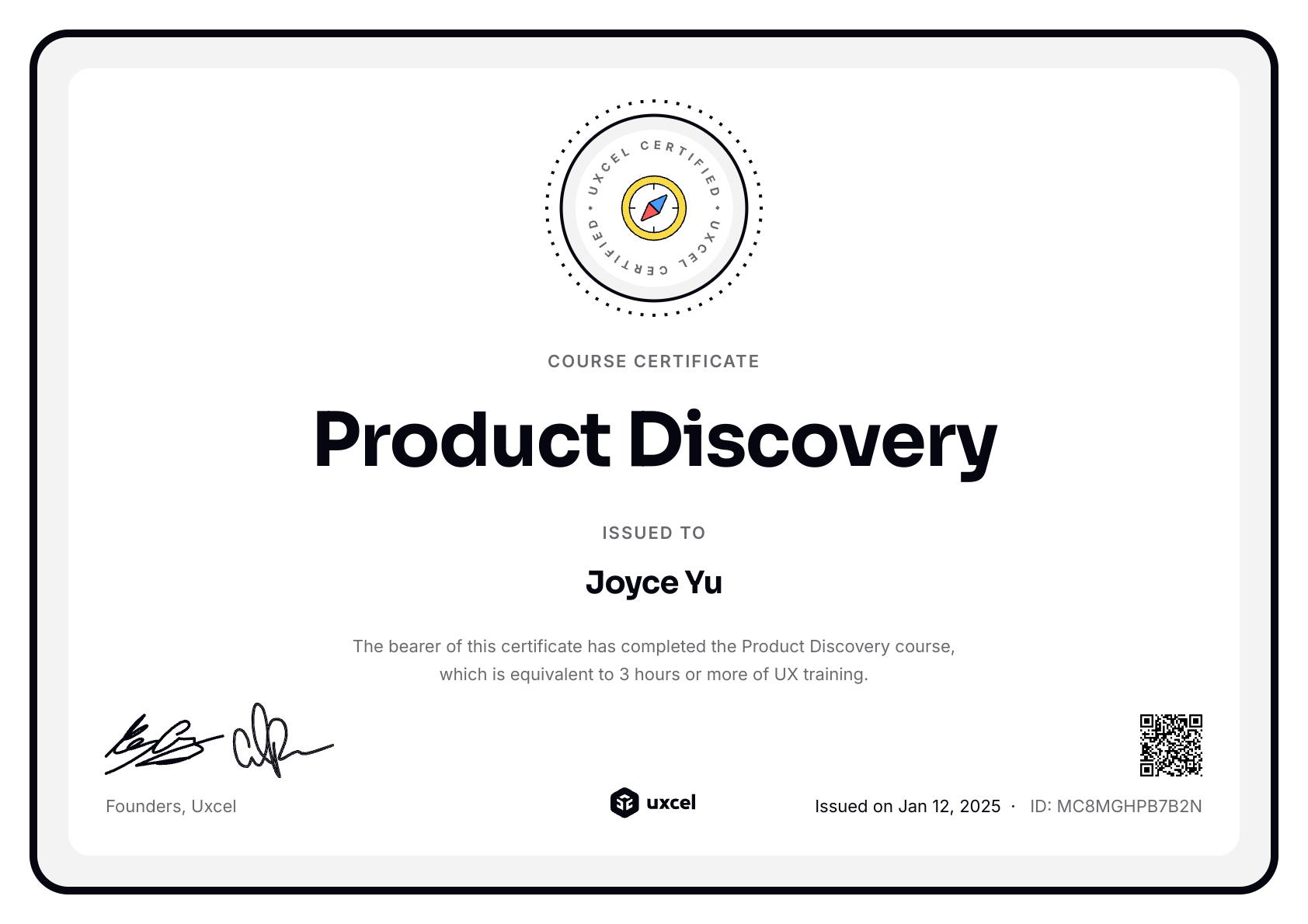 Joyce Yu's certificate